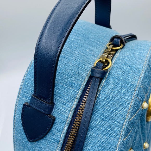 🎉SOLD🎊Gucci Gg Marmont Matelassé Denim Pearl Embellished Backpack Authentic - Picture 6 of 13